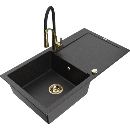 Mexen Leo Granitspüle 1-beckig mit Abtropffläche und Küchenarmatur Aster, Schwarz/Silber Metallic - 6501-73-73450-57-G
