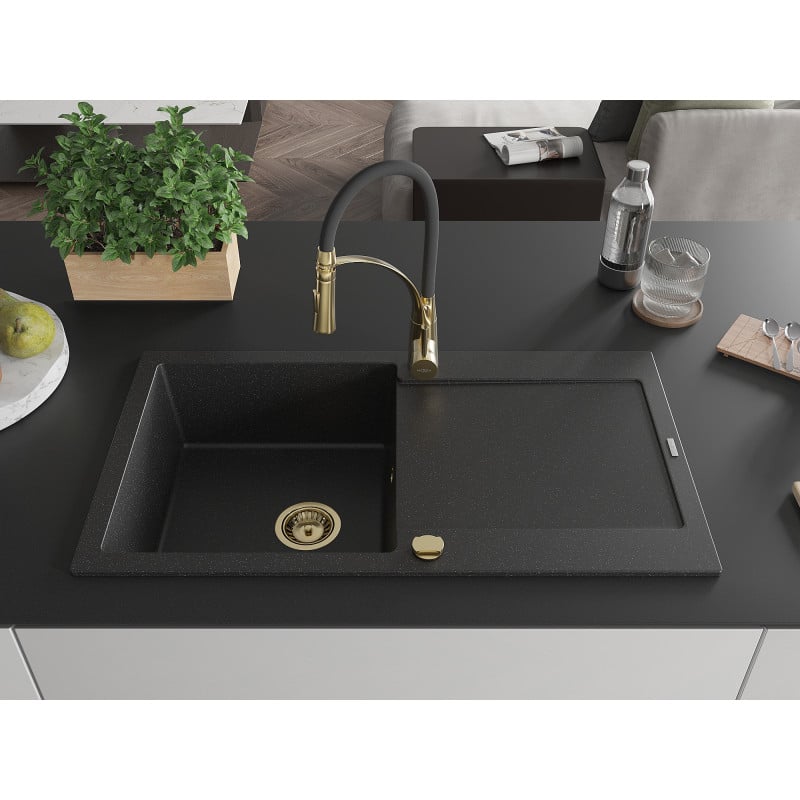 Mexen Leo Granitspüle 1-beckig mit Abtropffläche und Küchenarmatur Aster, Schwarz/Silber Metallic - 6501-73-73450-57-G