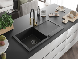 Mexen Leo Granitspüle 1-beckig mit Abtropffläche und Küchenarmatur Aster, schwarz/silber Metallic - 6501-73-73450-57-B