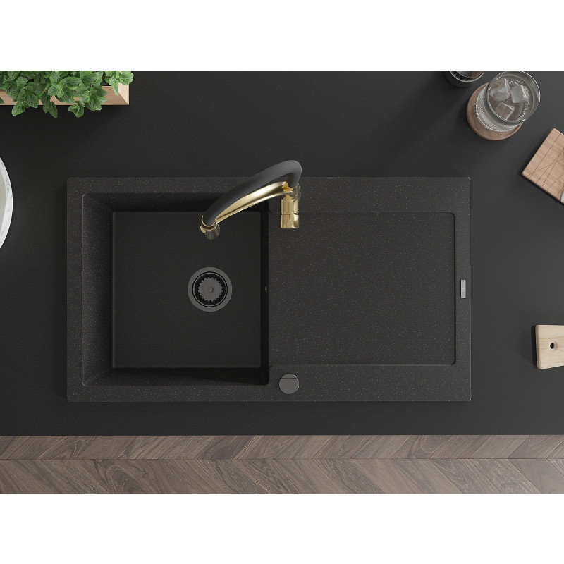 Mexen Leo granitspüle 1-becken mit abtropffläche und Küchenarmatur Aster, schwarz/silber metallic - 6501-73-73450-57-B