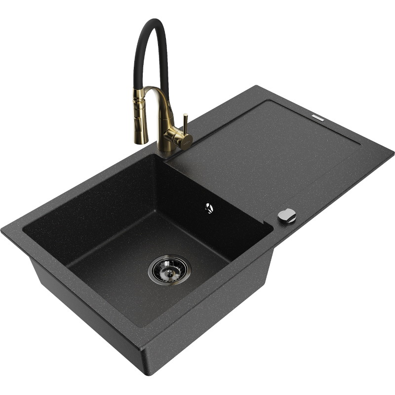Mexen Leo granitspüle 1-becken mit abtropffläche und Küchenarmatur Aster, schwarz/silber metallic - 6501-73-73450-57-B