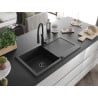 Mexen Leo Granitspüle 1-beckig mit Abtropffläche und Küchenarmatur Aster, Schwarz/Silber Metallic - 6501-73-73450-70-B