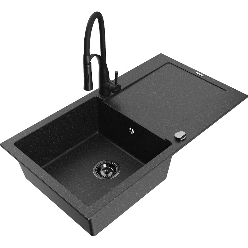 Mexen Leo Granitspüle 1-beckig mit Abtropffläche und Küchenarmatur Aster, schwarz/silberner Metallic - 6501-73-73450-70-B