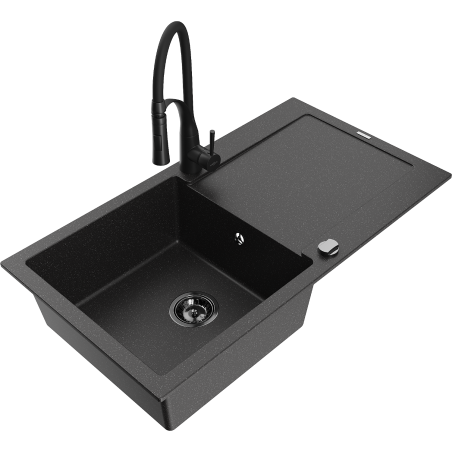 Mexen Leo Granitspüle 1-beckig mit Abtropffläche und Küchenarmatur Aster, Schwarz/Silber Metallic - 6501-73-73450-70-B