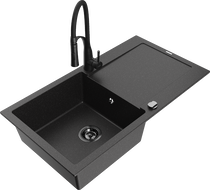 Mexen Leo Granitspüle 1-beckig mit Abtropffläche und Küchenarmatur Aster, schwarz/silberner Metallic - 6501-73-73450-70-B