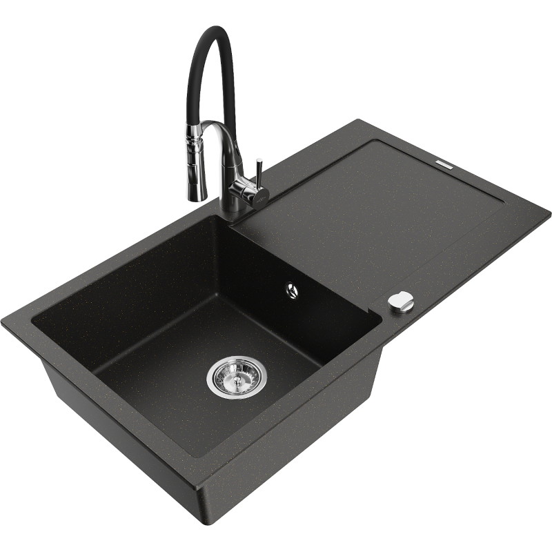 Mexen Leo 1-Komponenten Granitspüle mit Abtropffläche und Küchenarmatur Aster, schwarz/gold metallic - 6501-75-73450-07