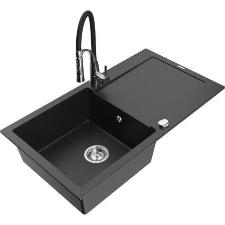 Mexen Leo 1-Komponenten Granitspüle mit Abtropffläche und Küchenarmatur Aster, schwarz/gold metallic - 6501-75-73450-07