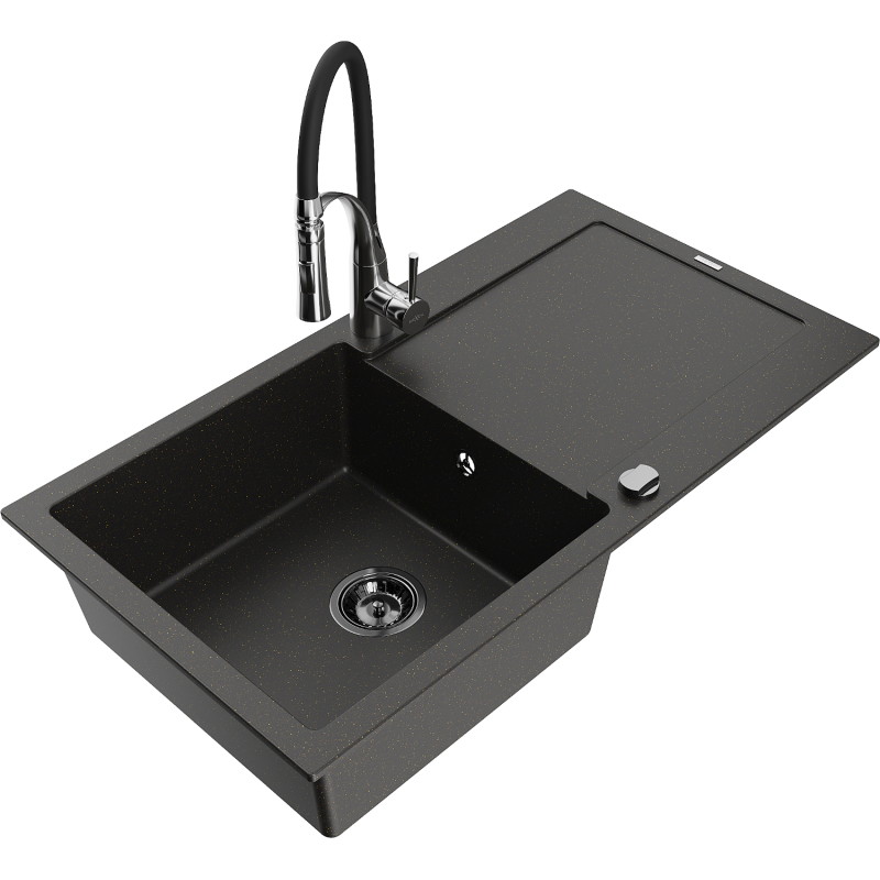 Mexen Leo Granitspüle 1-beckig mit Abtropffläche und Küchenarmatur Aster, schwarz/gold metallic - 6501-75-73450-07-B