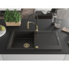 Mexen Leo Granitspüle 1-beckig mit Abtropffläche und Küchenarmatur Aster, schwarz/gold metallic - 6501-75-73450-57-G