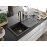 Mexen Leo Granitspüle 1-beckig mit Abtropffläche und Küchenarmatur Aster, schwarz/gold metallic - 6501-75-73450-57-G