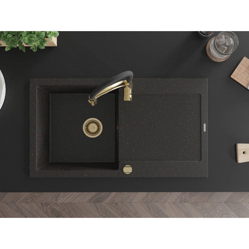Mexen Leo Granitspüle 1-Becken mit Abtropffläche und Küchenarmatur Aster, Schwarz/Gold-Metallic - 6501-75-73450-57-G