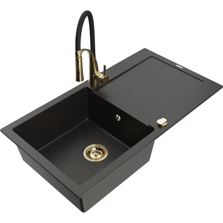 Mexen Leo Granitspüle 1-Becken mit Abtropffläche und Küchenarmatur Aster, Schwarz/Gold-Metallic - 6501-75-73450-57-G
