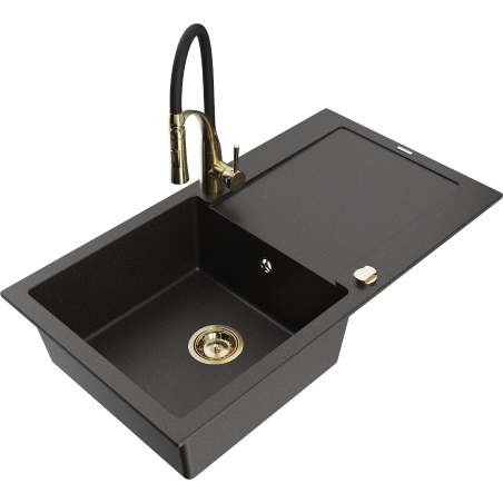 Mexen Leo Granitspüle 1-beckig mit Abtropffläche und Küchenarmatur Aster, schwarz/gold metallic - 6501-75-73450-57-G