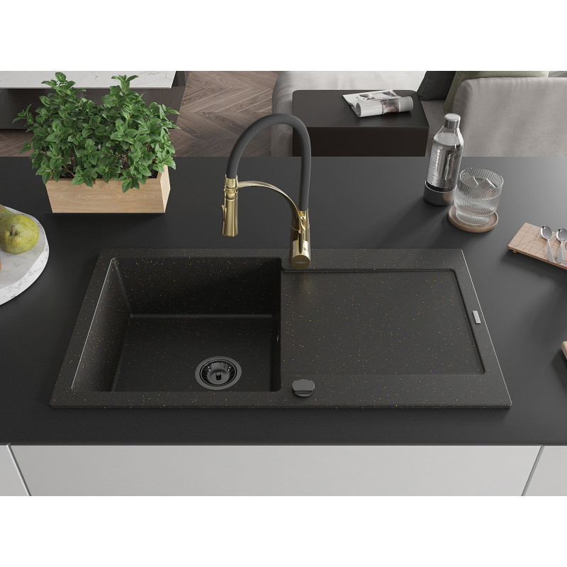 Mexen Leo Granitspüle 1-Becken mit Abtropffläche und Küchenarmatur Aster, schwarz/gold metallic - 6501-75-73450-57-B