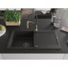 Mexen Leo Granitspüle 1-Becken mit Abtropffläche und Küchenarmatur Aster, schwarz/gold metallic - 6501-75-73450-57-B