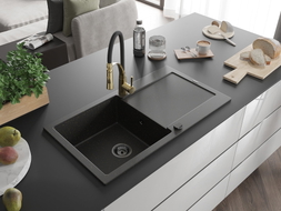 Mexen Leo Granitspüle 1-Becken mit Abtropffläche und Küchenarmatur Aster, schwarz/gold metallic - 6501-75-73450-57-B