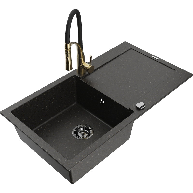 Mexen Leo Granitspüle 1-beckig mit Abtropffläche und Küchenarmatur Aster, schwarz/gold metallic - 6501-75-73450-57-B