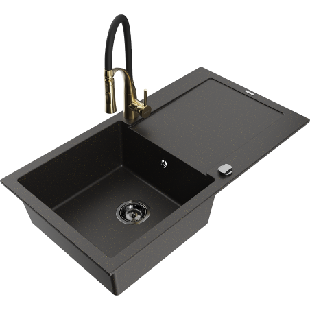 Mexen Leo Granitspüle 1-Becken mit Abtropffläche und Küchenarmatur Aster, schwarz/gold metallic - 6501-75-73450-57-B
