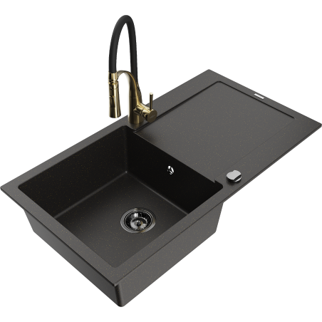 Mexen Leo Granitspüle 1-beckig mit Abtropffläche und Küchenarmatur Aster, schwarz/gold metallic - 6501-75-73450-57-B