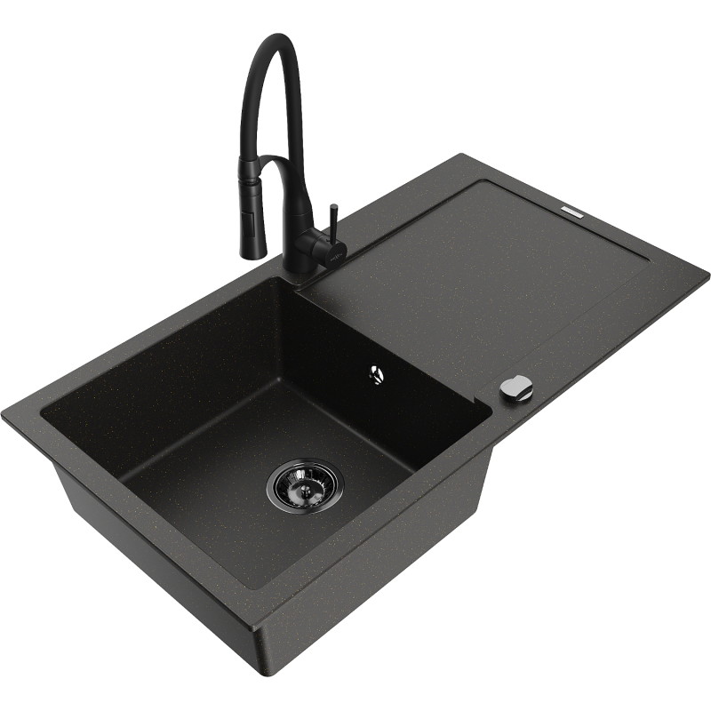 Mexen Leo Granitspüle 1-Kammer mit Abtropffläche und Küchenarmatur Aster, schwarz/gold metallic - 6501-75-73450-70-B