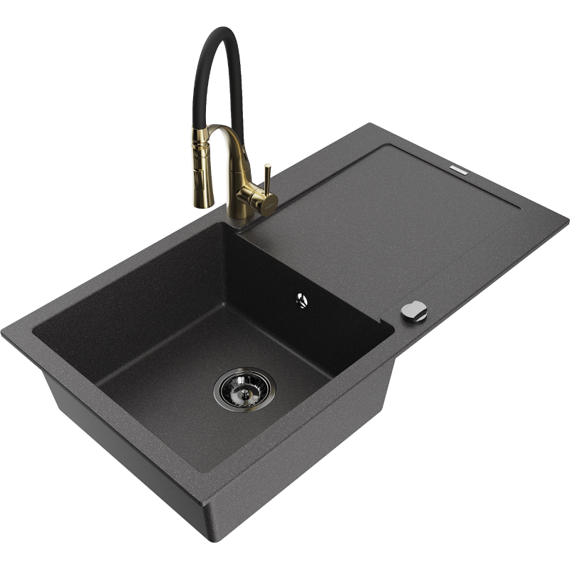 Mexen Leo Granitspüle 1-Becken mit Abtropffläche und Küchenarmatur Aster, schwarz gesprenkelt - 6501-76-73450-57-B