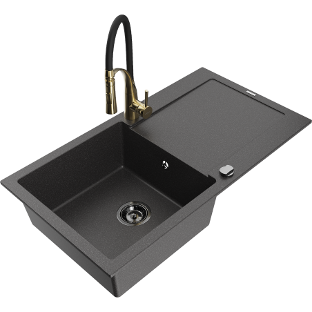 Mexen Leo Granitspüle 1-Becken mit Abtropffläche und Küchenarmatur Aster, schwarz gesprenkelt - 6501-76-73450-57-B
