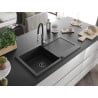 Mexen Leo Granitspüle 1-Becken mit Abtropffläche und Küchenarmatur Aster, Schwarz - 6501-77-73450-07-B