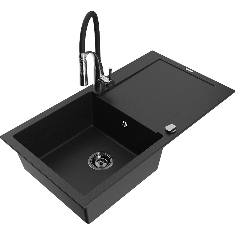 Mexen Leo Granitspüle 1-Kammer mit Abtropffläche und Küchenarmatur Aster, schwarz - 6501-77-73450-07-B