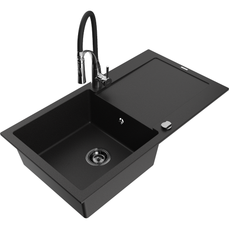 Mexen Leo Granit-Spüle mit 1 Becken, Abtropfplatte und Küchenarmatur Aster, schwarz - 6501-77-73450-07-B