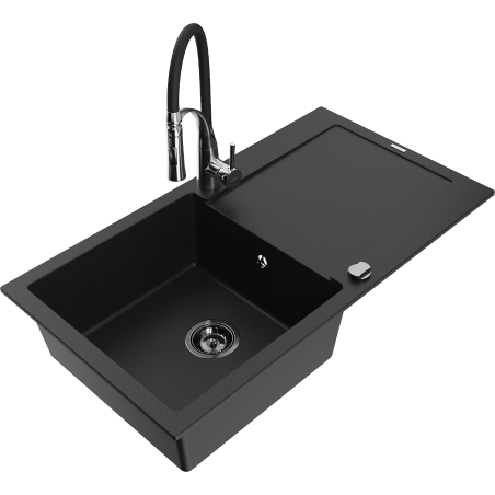 Mexen Leo Granitspüle 1-Becken mit Abtropffläche und Küchenarmatur Aster, Schwarz - 6501-77-73450-07-B