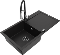 Mexen Leo Granitspüle 1-Becken mit Abtropffläche und Küchenarmatur Aster, Schwarz - 6501-77-73450-07-B