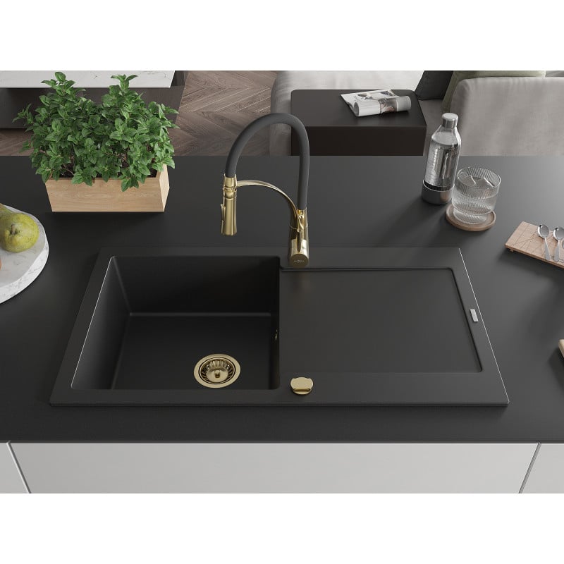 Mexen Leo granit Spülbecken 1-Kammer mit Abtropffläche und Küchenarmatur Aster, schwarz - 6501-77-73450-57-G