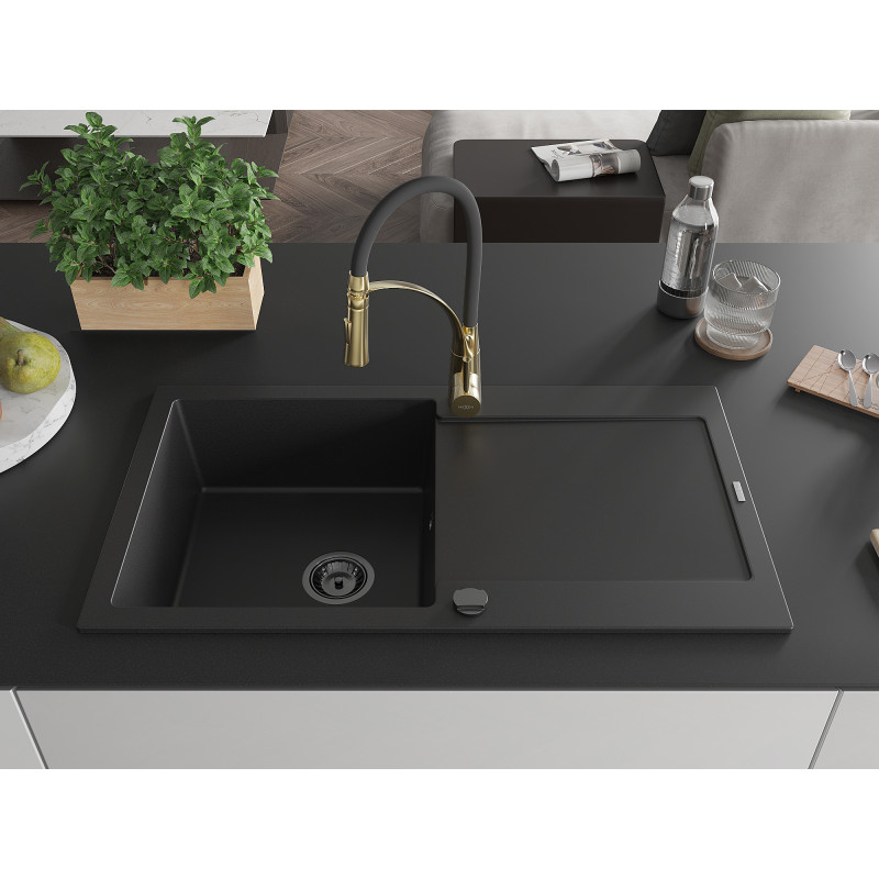 Mexen Leo Granitspüle 1-Becken mit Abtropffläche und Küchenarmatur Aster, schwarz - 6501-77-73450-57-B