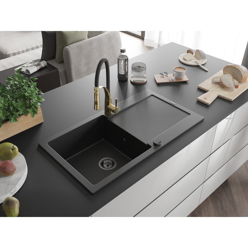 Mexen Leo Granitspüle 1-Becken mit Abtropffläche und Küchenarmatur Aster, schwarz - 6501-77-73450-57-B
