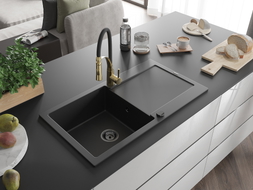 Mexen Leo Granitspüle 1-Becken mit Abtropffläche und Küchenarmatur Aster, schwarz - 6501-77-73450-57-B