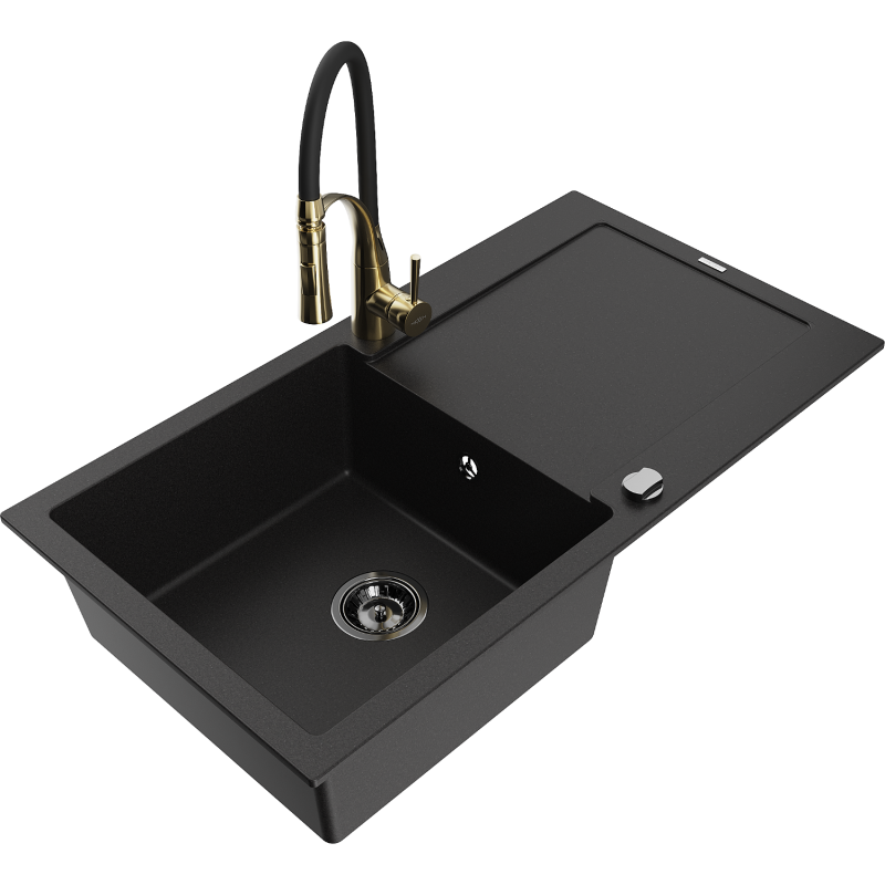 Mexen Leo Granitspüle 1-Becken mit Abtropffläche und Küchenarmatur Aster, schwarz - 6501-77-73450-57-B