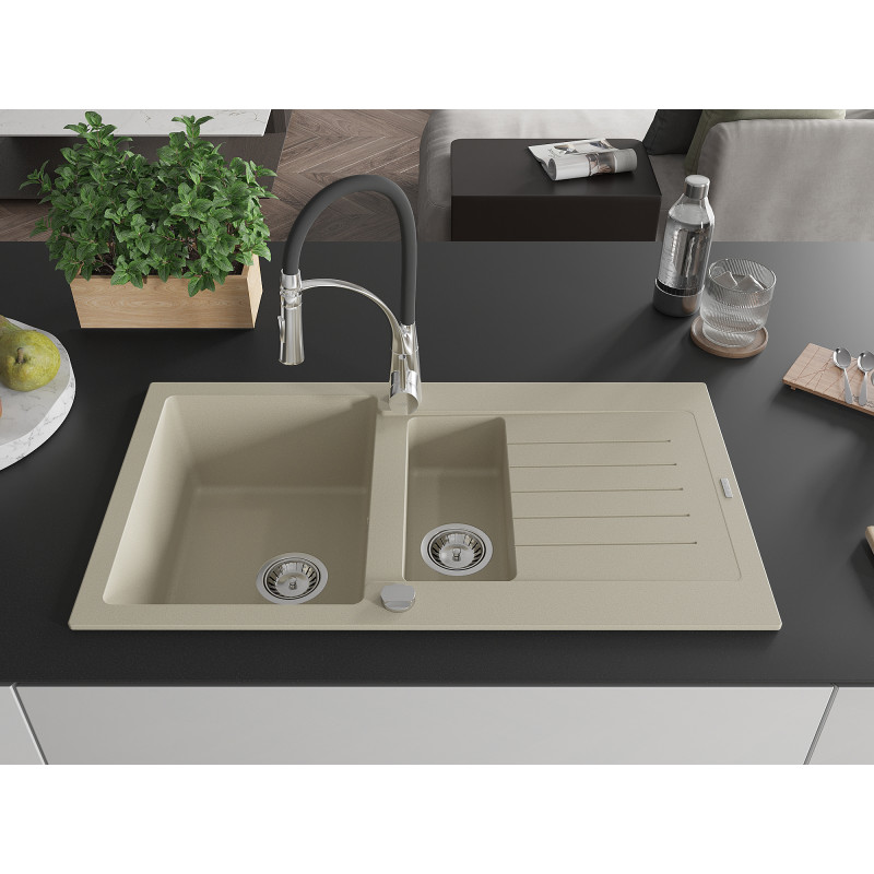 Mexen Matias Granitspüle 1,5 Kammern mit Abtropffläche und Küchenarmatur Aster, beige - 6502-69-73450-07
