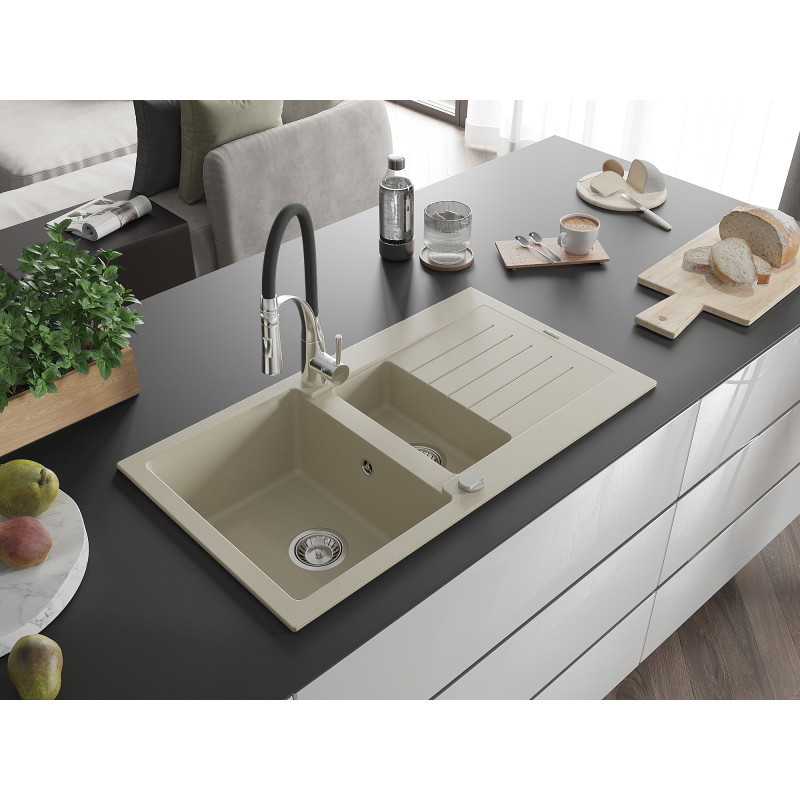Mexen Matias Granitspüle 1,5 Kammern mit Abtropffläche und Küchenarmatur Aster, beige - 6502-69-73450-07