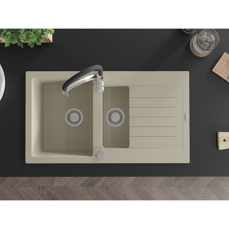 Mexen Matias Granitspüle 1,5 Kammern mit Abtropffläche und Küchenarmatur Aster, beige - 6502-69-73450-07
