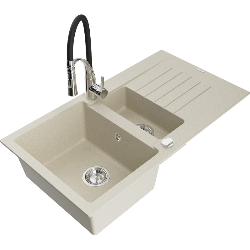 Mexen Matias Granitspüle 1,5-Becken mit Abtropffläche und Küchenarmatur Aster, beige - 6502-69-73450-07