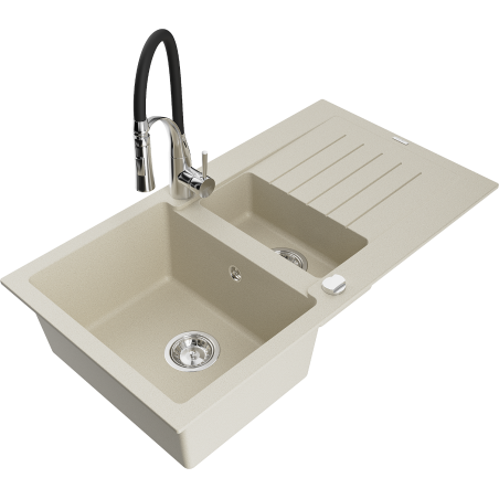 Mexen Matias Granitspüle 1,5 Kammern mit Abtropffläche und Küchenarmatur Aster, beige - 6502-69-73450-07