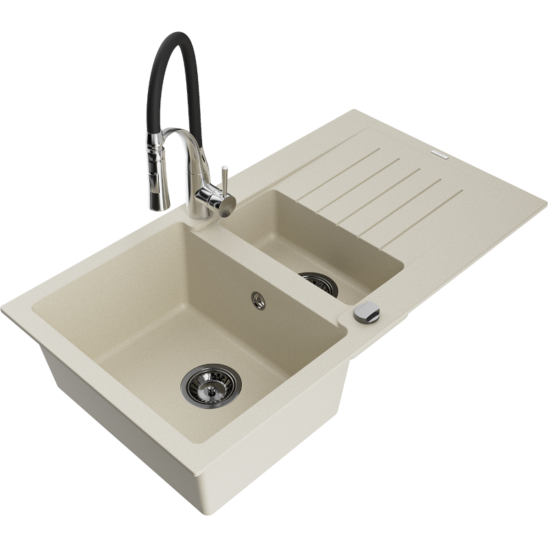 Mexen Matias Granitspüle, 1,5-becken mit Abtropffläche und Küchenarmatur Aster, Beige - 6502-69-73450-07-B
