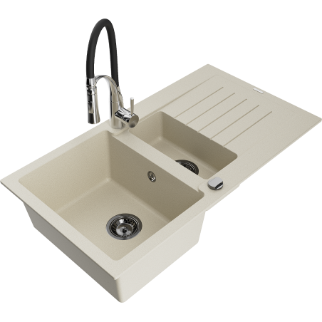Mexen Matias Granitspüle, 1,5-becken mit Abtropffläche und Küchenarmatur Aster, Beige - 6502-69-73450-07-B