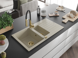 Mexen Matias Granitspüle 1,5-Kammer mit Abtropffläche und Küchenarmatur Aster, beige - 6502-69-73450-57-G