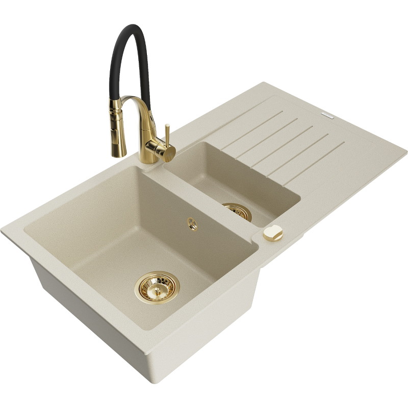 Mexen Matias Granitspüle 1,5-Becken mit Abtropffläche und Küchenarmatur Aster, beige - 6502-69-73450-57-G