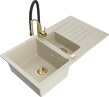 Mexen Matias Granitspüle 1,5-Kammer mit Abtropffläche und Küchenarmatur Aster, beige - 6502-69-73450-57-G