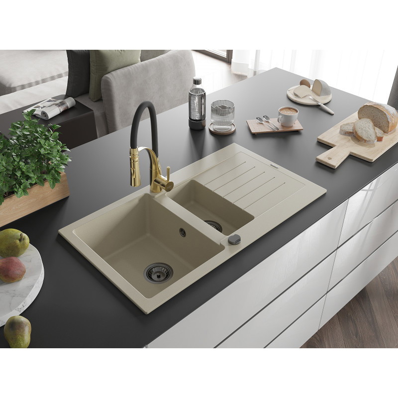 Mexen Matias Granitspüle 1,5-Becken mit Abtropffläche und Küchenarmatur Aster, beige - 6502-69-73450-57-B