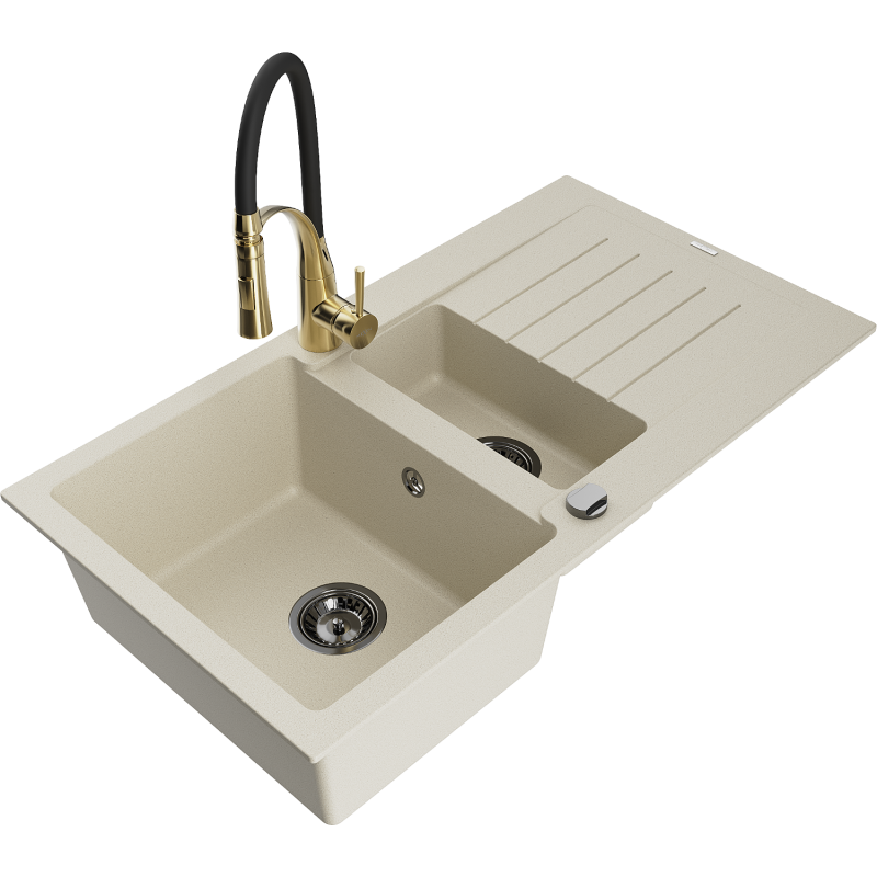 Mexen Matias Granitspüle 1,5-Becken mit Abtropffläche und Küchenarmatur Aster, beige - 6502-69-73450-57-B