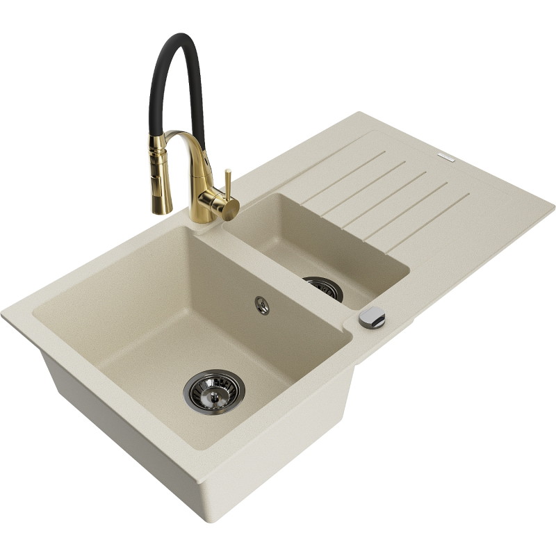Mexen Matias Granitspüle 1,5-beckig mit Abtropffläche und Küchenarmatur Aster, beige - 6502-69-73450-57-B
