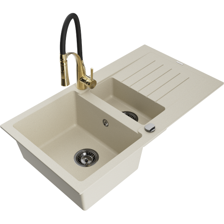 Mexen Matias Granitspüle 1,5-Becken mit Abtropffläche und Küchenarmatur Aster, beige - 6502-69-73450-57-B